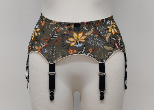 retro style Leilani suspender belt, made with olive green floral mesh fabric, with 6 wide straps