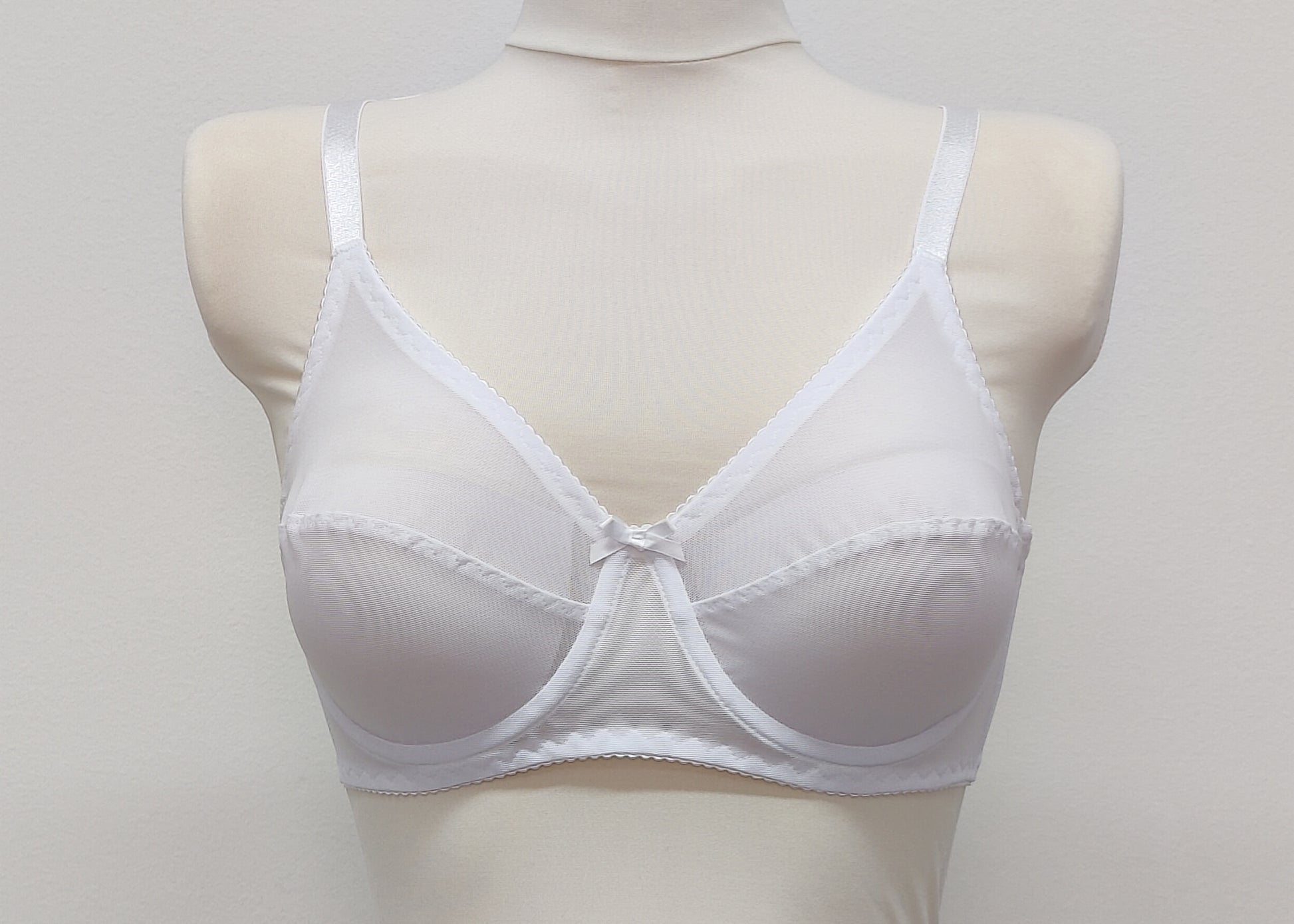 white Sheer full cup Lily bra, Underwired, mesh Bra, shown with matching Irma panties and Lula garter belt