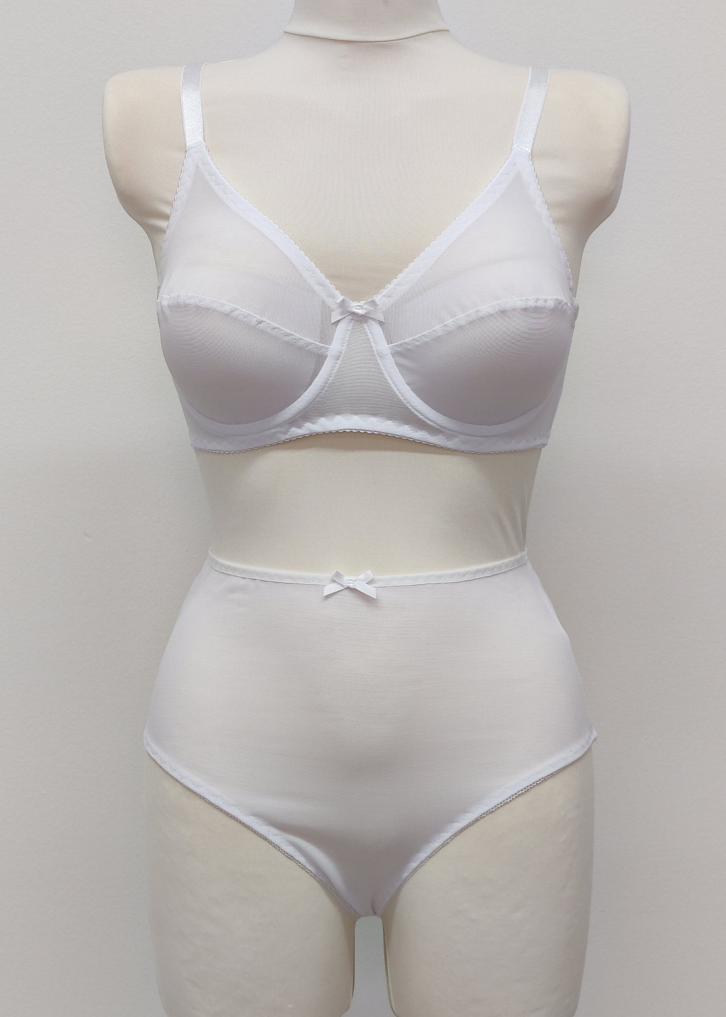 white Sheer full cup Lily bra, Underwired, mesh Bra, shown with matching Irma panties