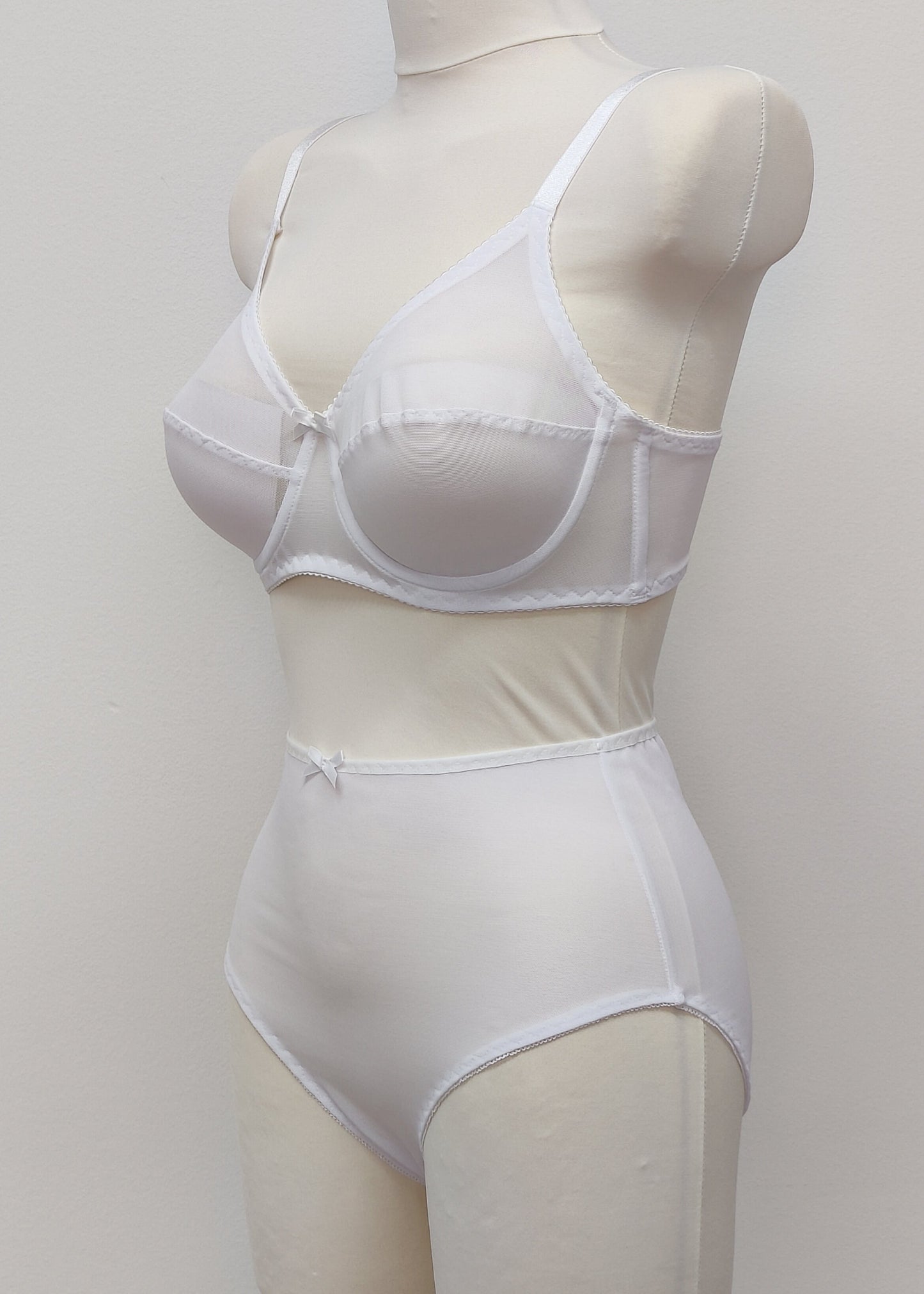 white Sheer full cup Lily bra, Underwired, mesh Bra, shown with matching Irma panties, side view