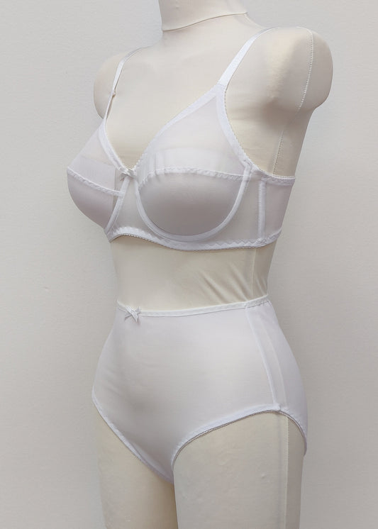 white Sheer high waist Irma panties, shown with matching sheer,full cup Lily bra, side view