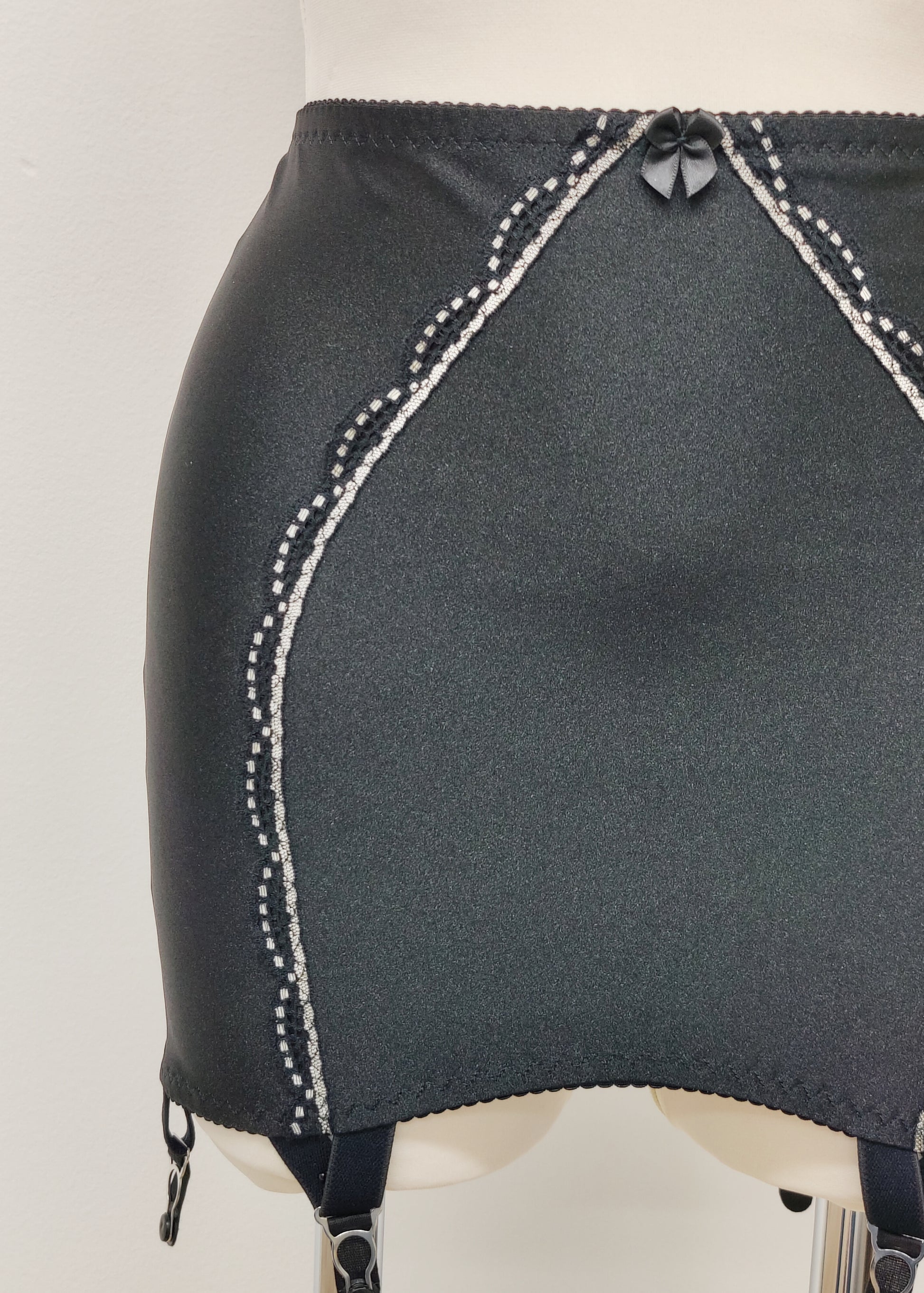 black 6 strap Rhonda open bottom girdle, with sheer back and silvery lace trim on the front