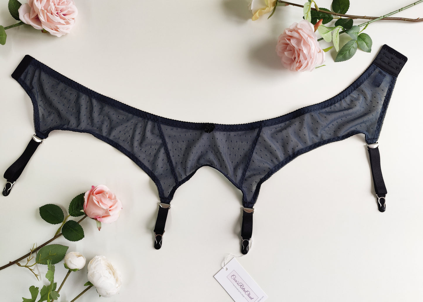 Dark gray soft mesh fabric Claire garter belt with 4-8 adjustable straps