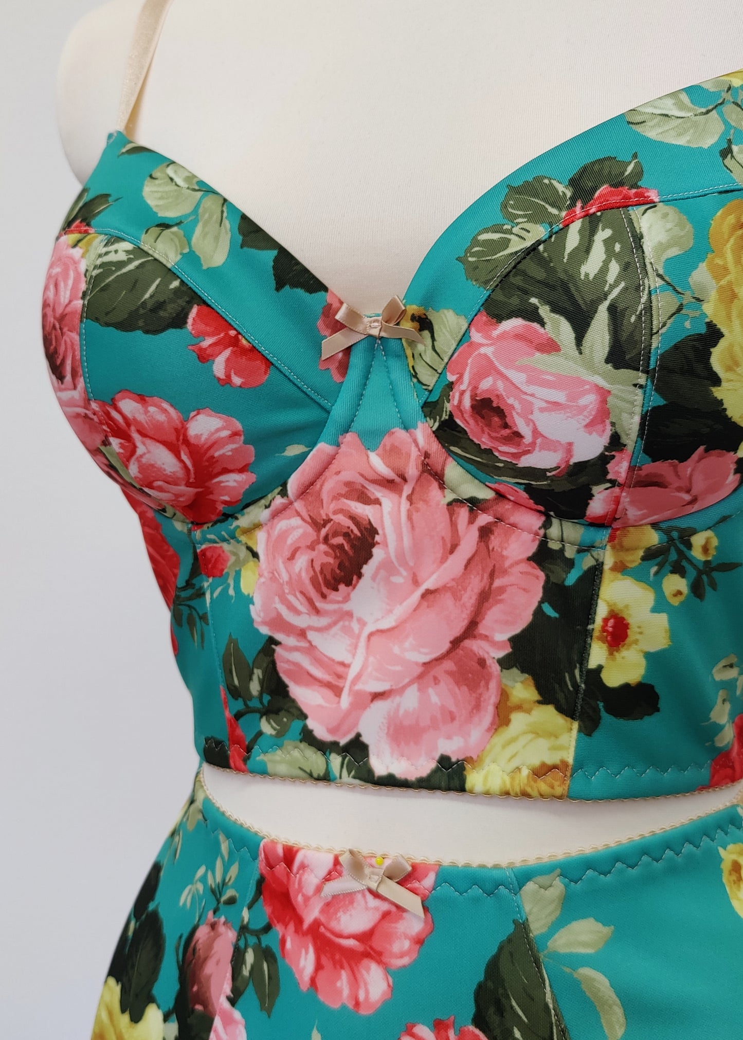 turquoise and pink floral long-line Rosie bra, detail
