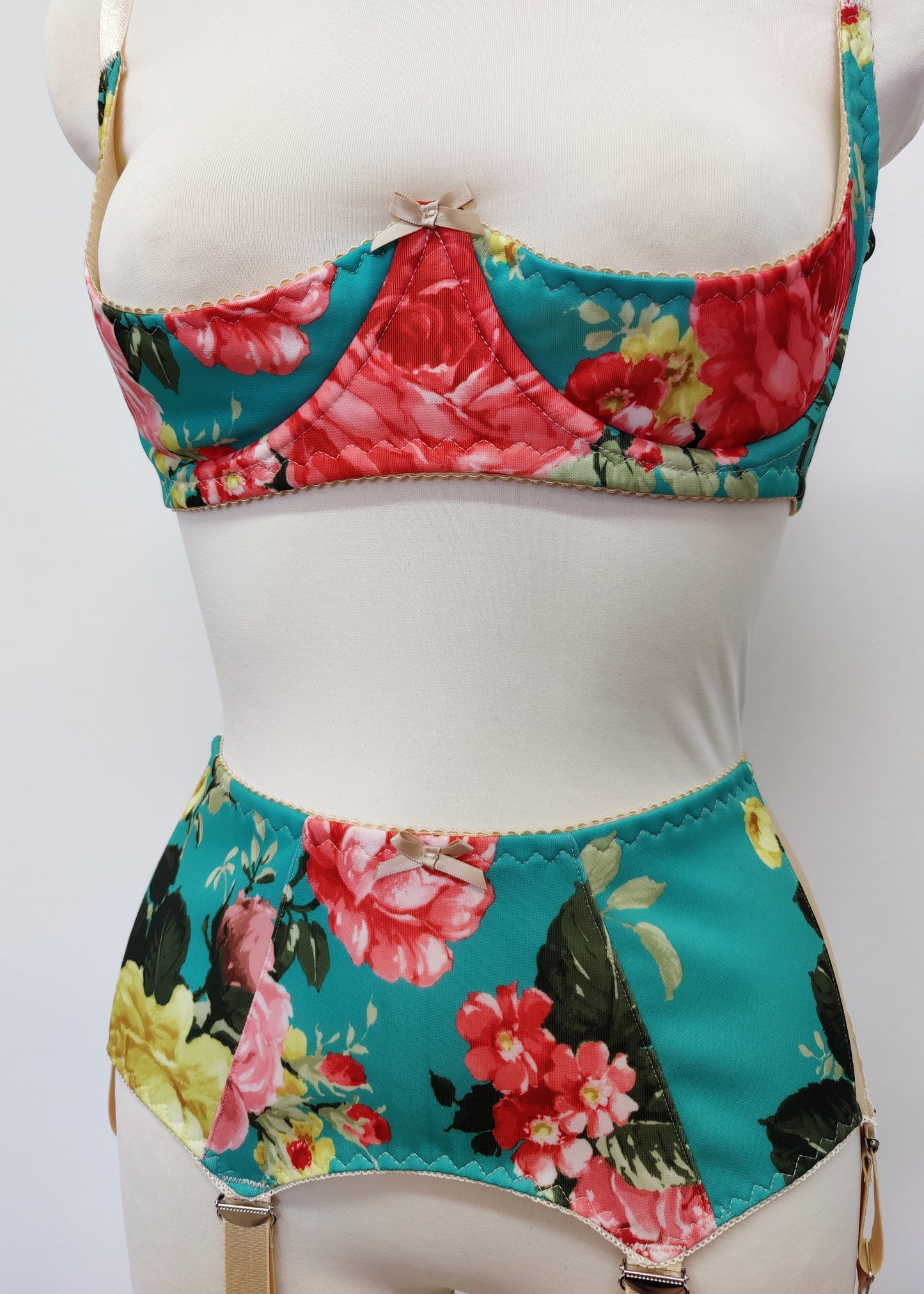 floral Rosie quarter cup bra, shown with matching garter belt, detail