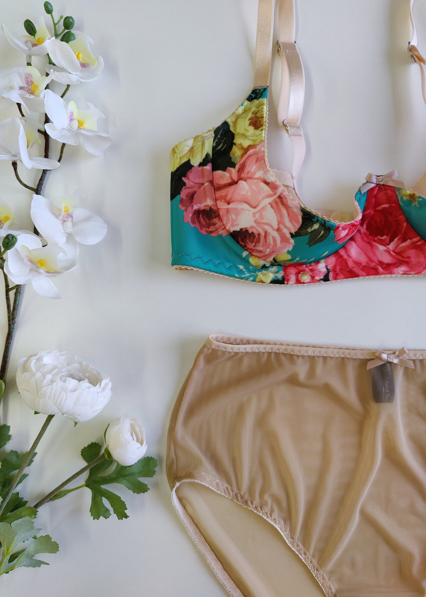 floral Rosie quarter cup bra, shown with matching garter belt