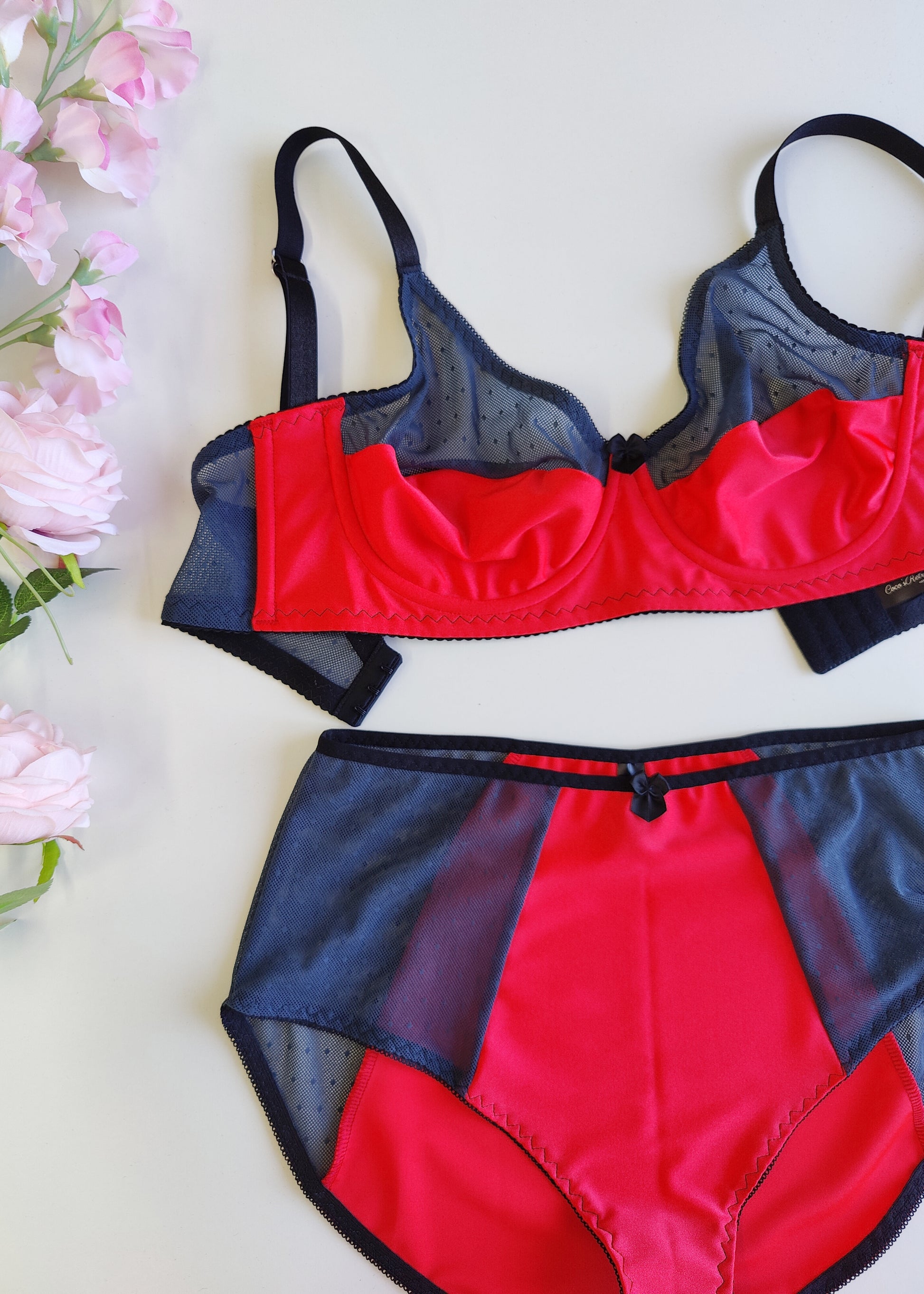 red high waist Mia panties with Gray-dot sheer side panels, shown with matching Audrey bra