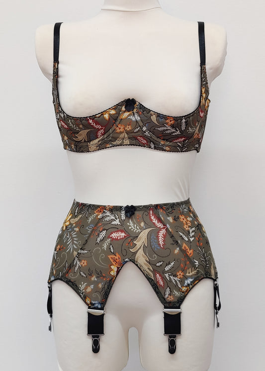 olive green floral mesh Ella quarter cup bra, underwired, here in combination with matching wide Thelma suspender belt