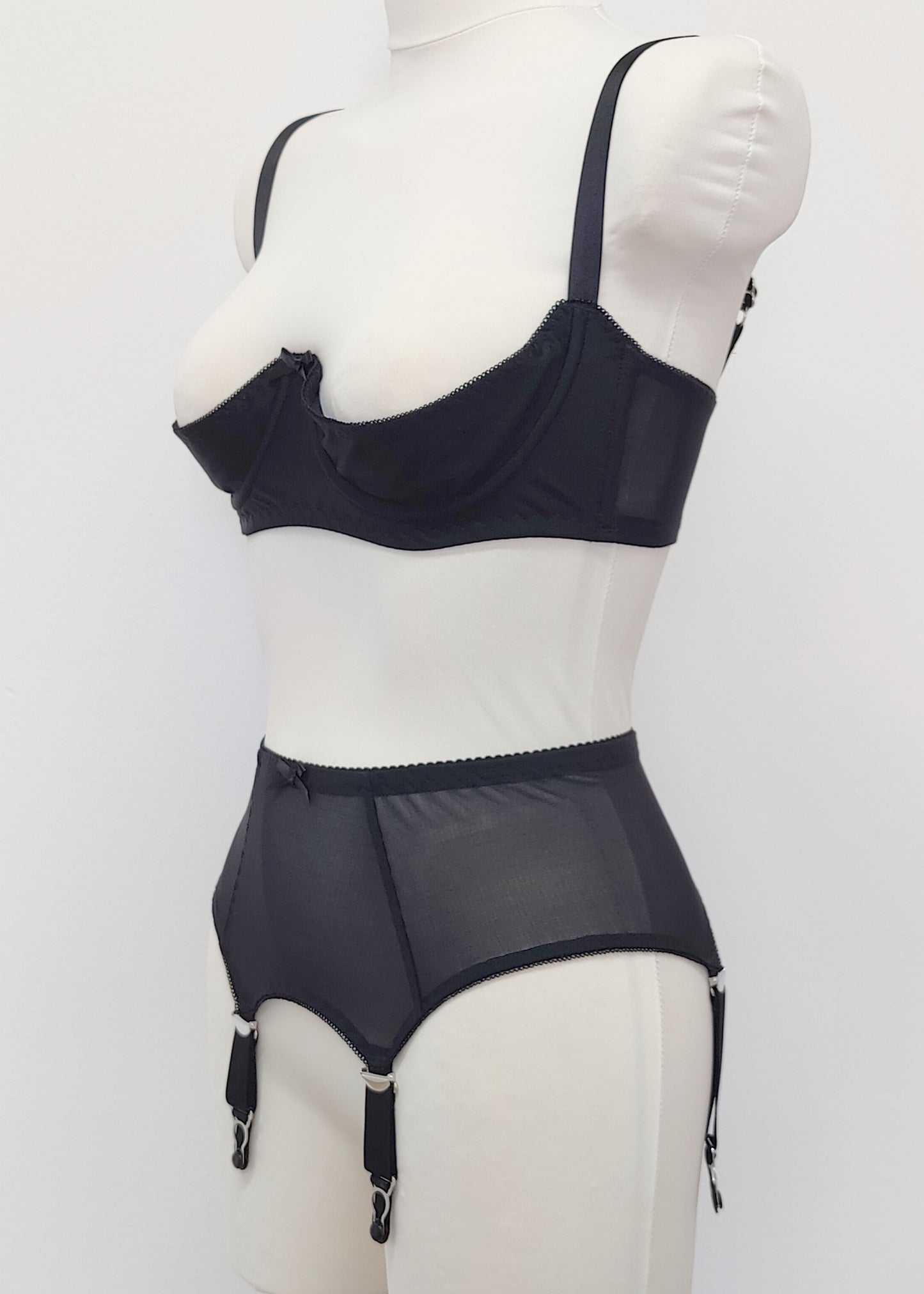 black sheer 4 strap Lula garter belt, shown with matching quarter cup Gina bra, side view