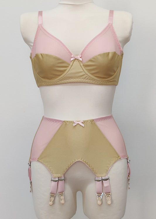 beige Audrey bra with pink sheer upper part of the cup,straps and trim, here shown with matching Stella garter belt