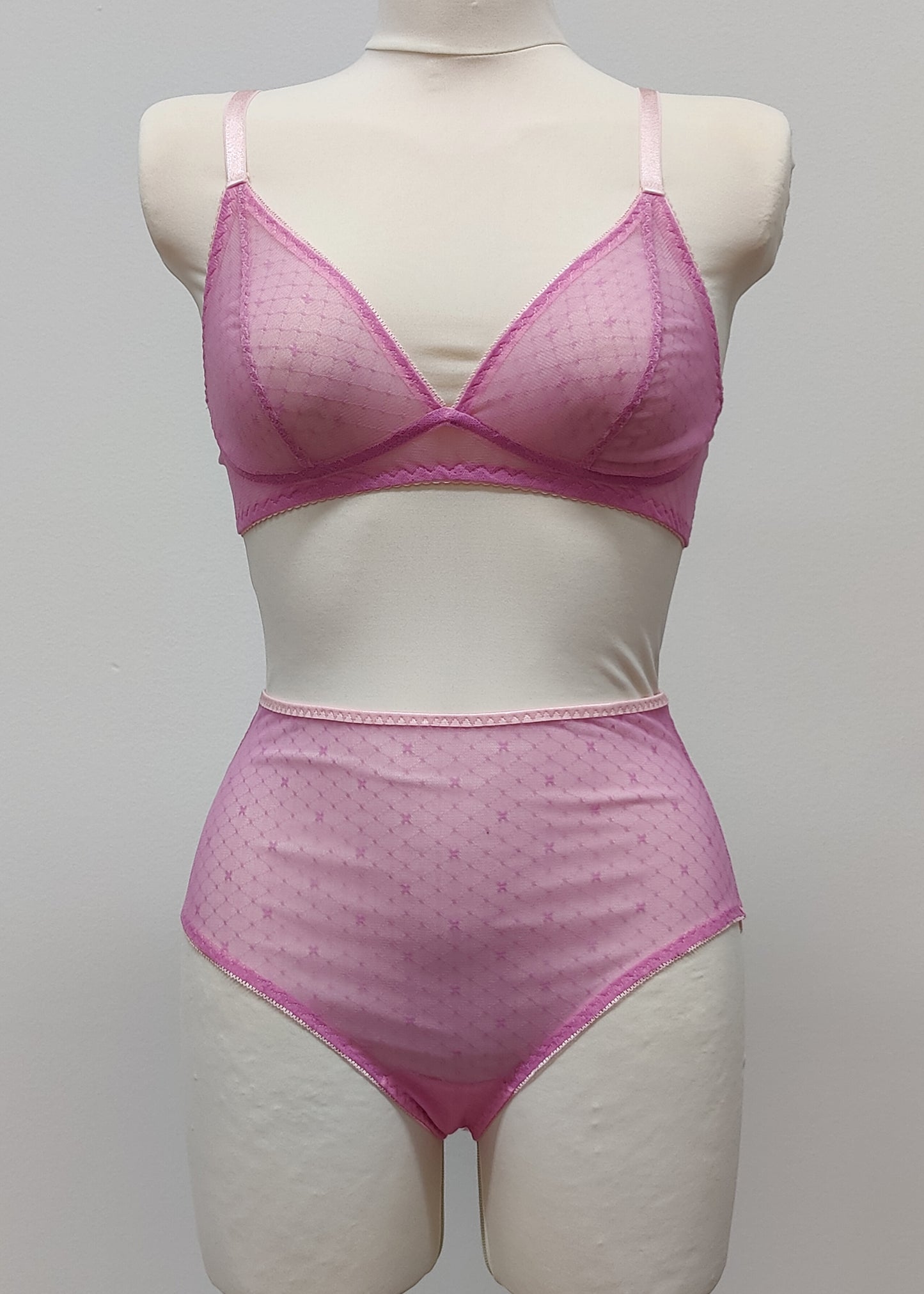 sheer, high waist panties, made with fuchsia pink-star soft mesh fabric. here shown with matching Chloe bralette