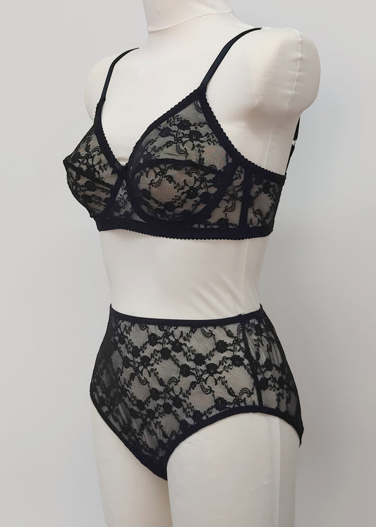 black floral Sheer full cup Lily bra, Underwired, shown with matching Irma panties, side view