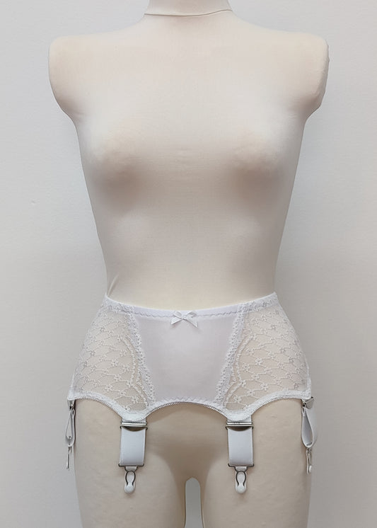 Wide retro style Liliane garter belt with white lace, 6 wide adjustable straps and hook and eye closure