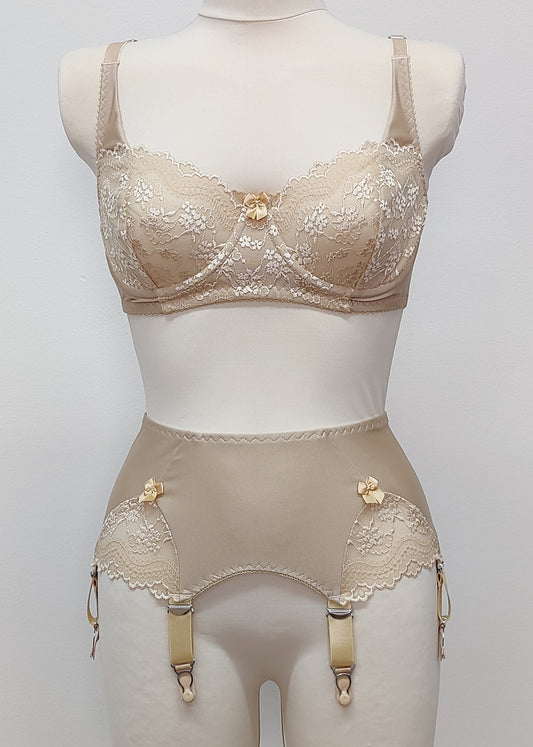 beige lace soft cup Alice bra with underwires, shown with wide Scarlett garter belt