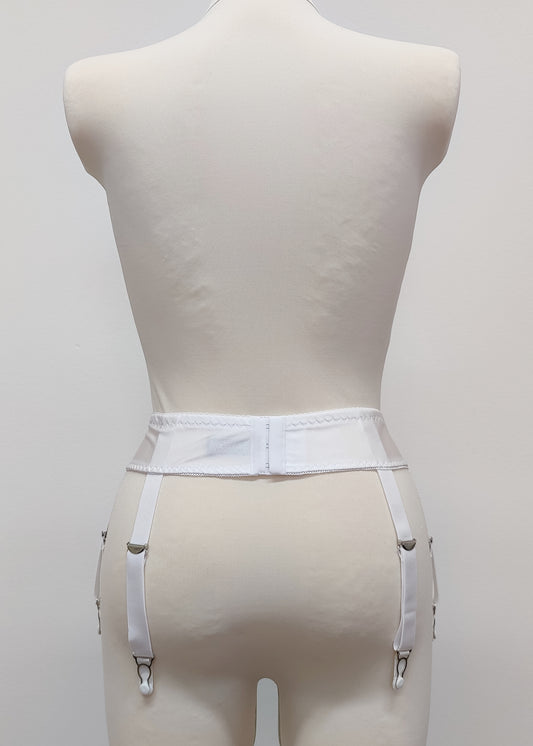 white narrow 60's style Summer garter belt with 6 straps, back view