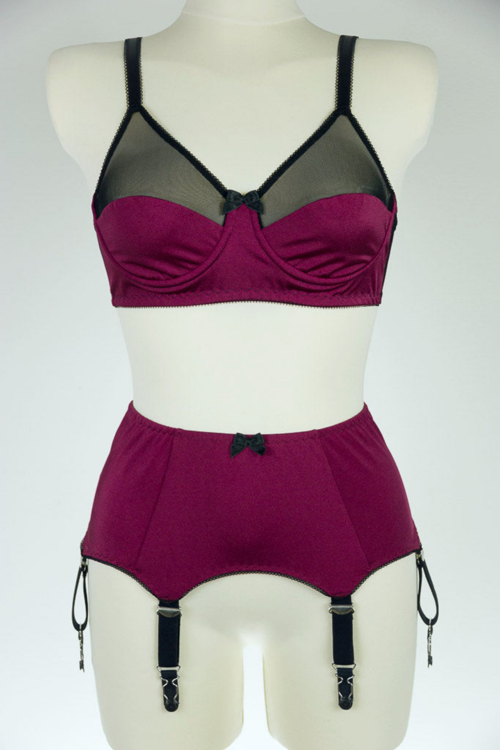 burgundy red, 6 black straps, vintage style Greta garter belt , show with matching Audrey semi sheer full cup bra