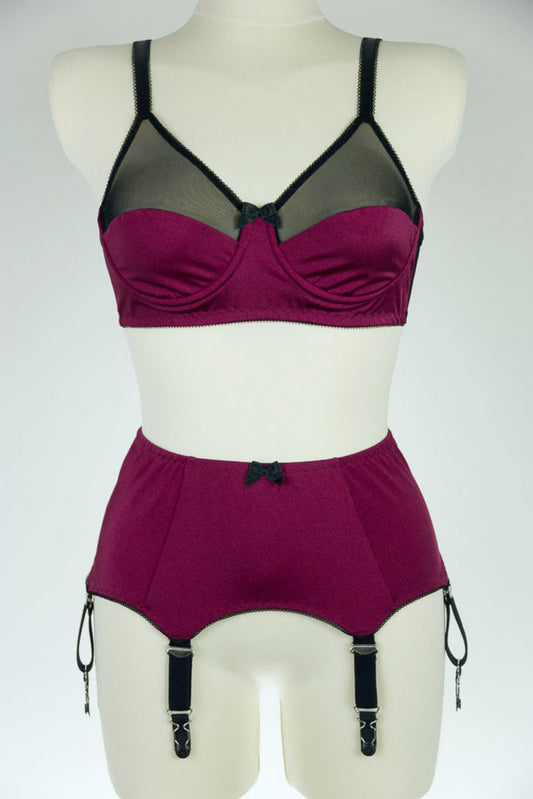 burgundy red, 6 black straps, vintage style Greta garter belt , show with matching Audrey semi sheer full cup bra