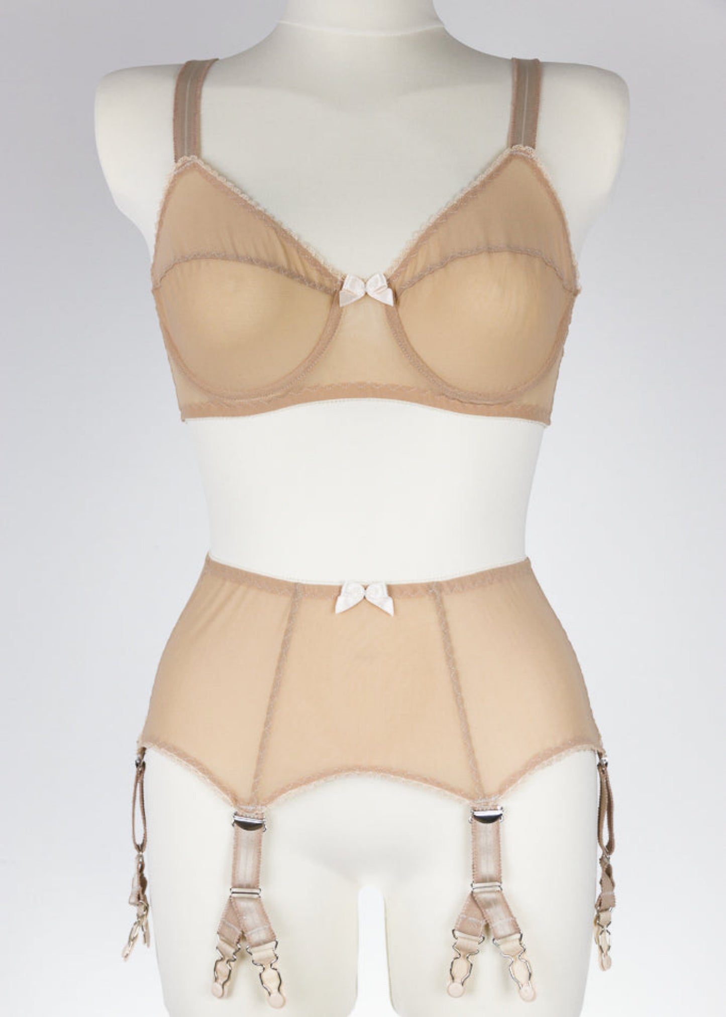 beige Sheer full cup Lily bra, Underwired, mesh Bra, shown with matching garter belt