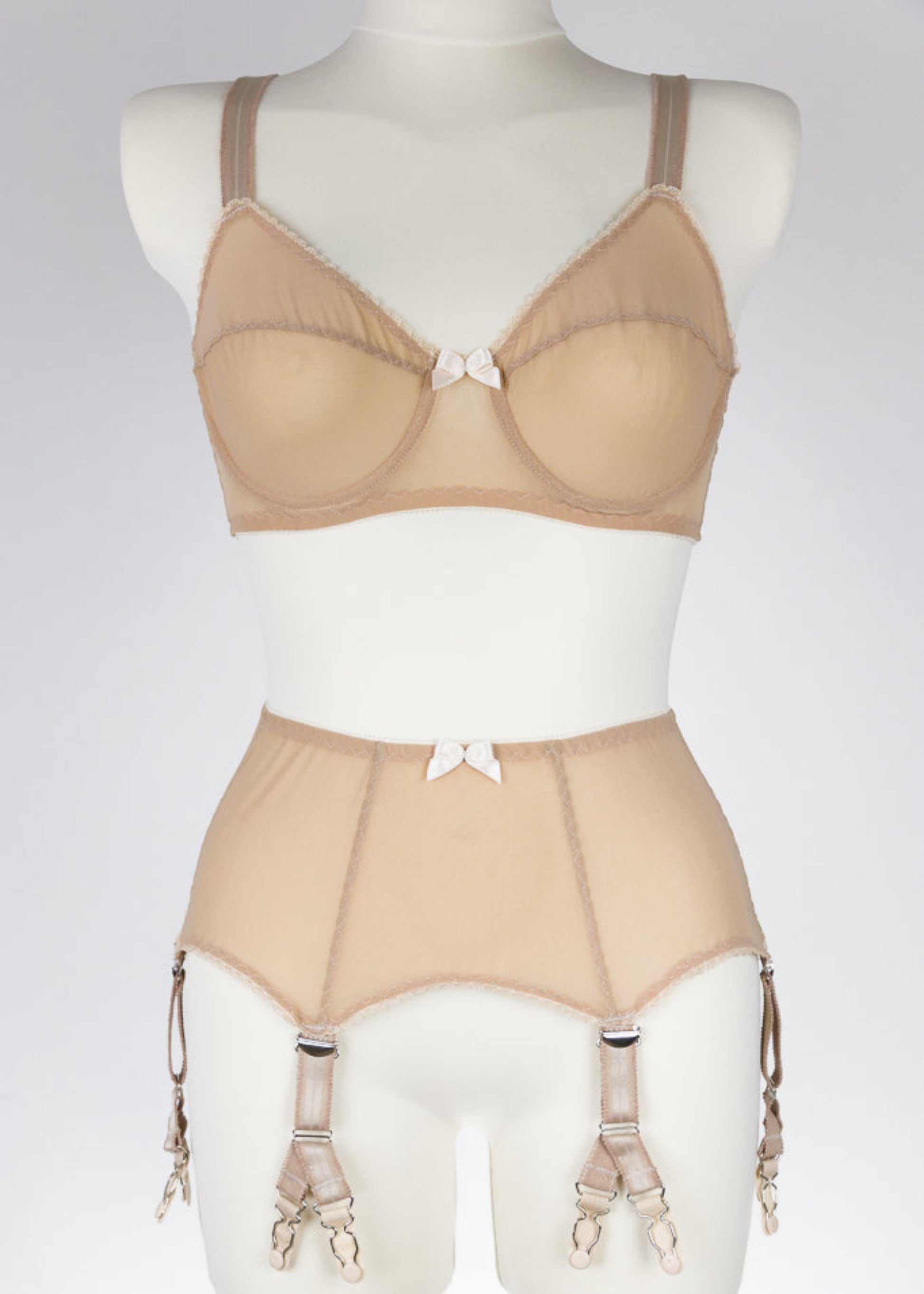 beige Sheer full cup Lily bra, Underwired, mesh Bra, shown with matching garter belt