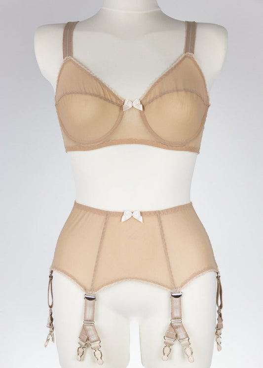 beige Sheer full cup Lily bra, Underwired, mesh Bra, shown with matching garter belt