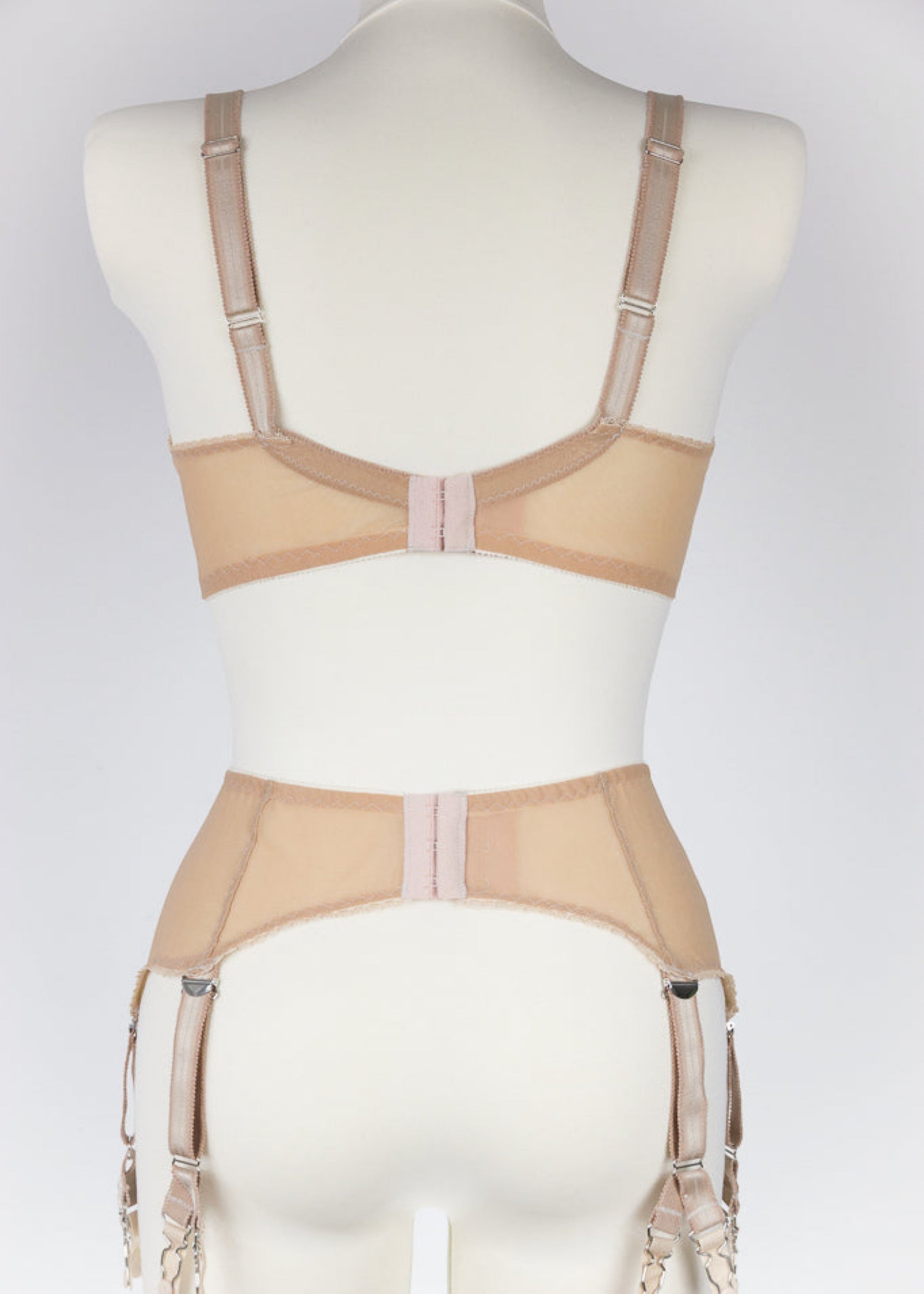 beige Sheer full cup Lily bra, Underwired, mesh Bra, shown with matching garter belt, back view