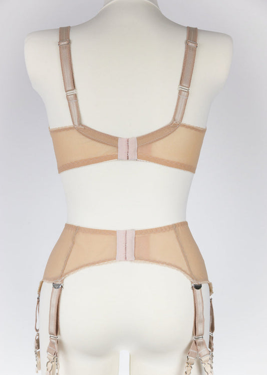 beige Sheer full cup Lily bra, Underwired, mesh Bra, shown with matching garter belt, back view