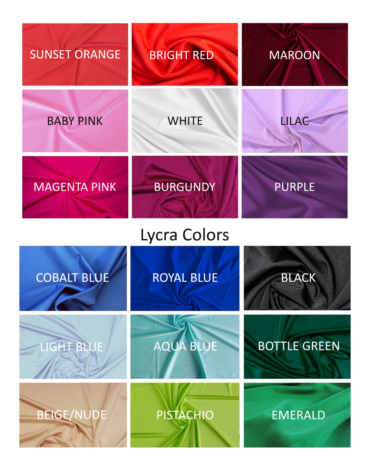 Color swatches of Lycra fabric in various colors arranged in a grid.