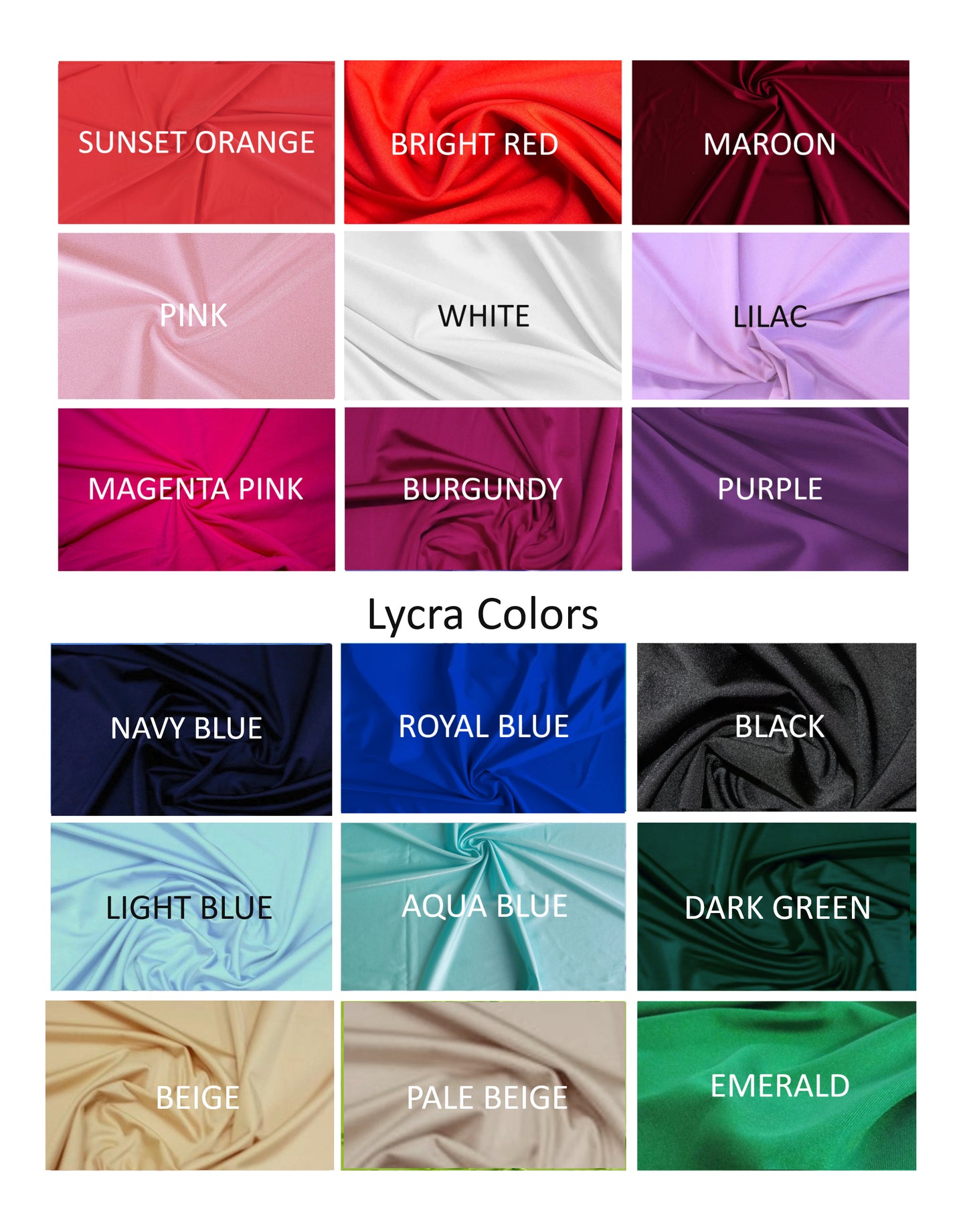 Available Color swatches of Lycra fabric in various colours.