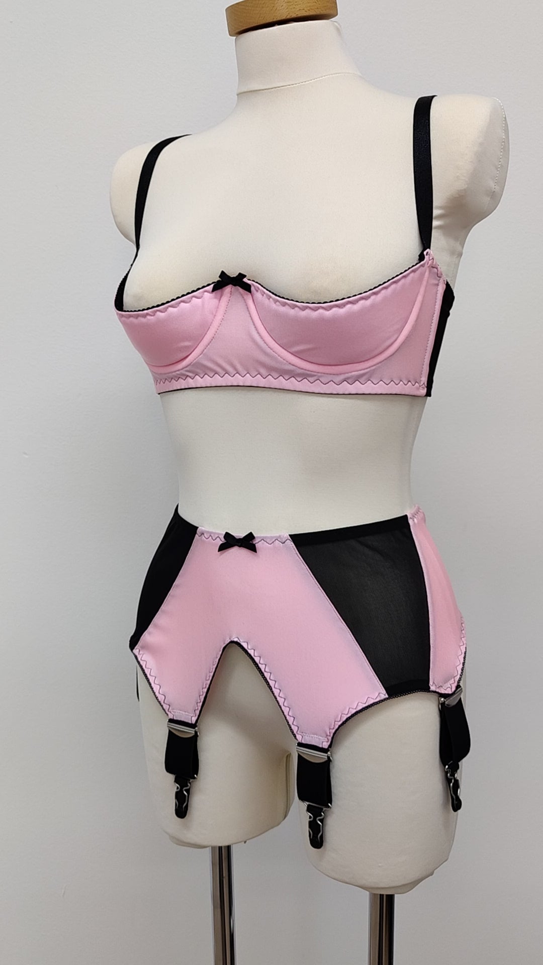 wide, vintage style, Grace garter belt, pink with black mesh panels and 6 extra wide straps, shown with matching Gina quarter cup bra