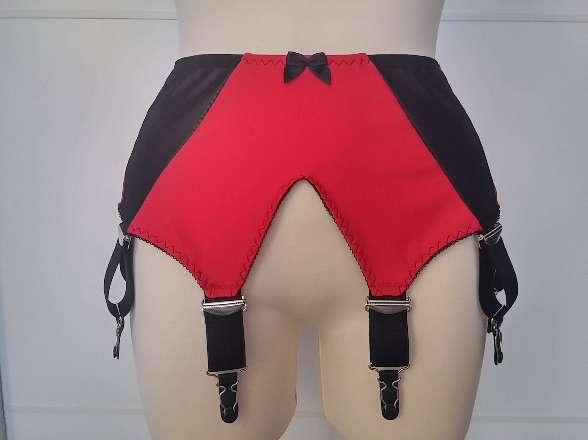 wide, vintage style, Grace garter belt, red with black mesh panels and 6 extra wide straps
