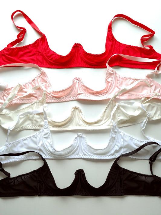 red, pink,white and black quarter cup bra