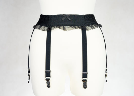 black narrow 60's style Summer garter belt with ruffle trim and 6 straps