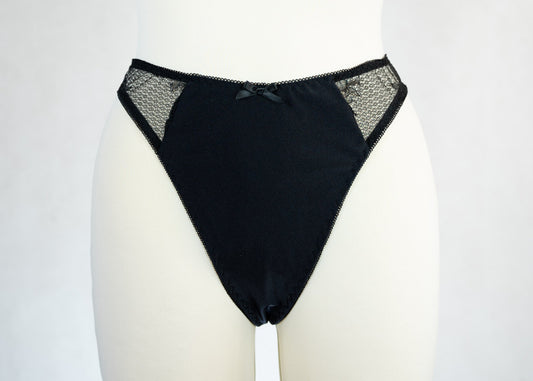 black high waist Ivy thong panties with lace side panels
