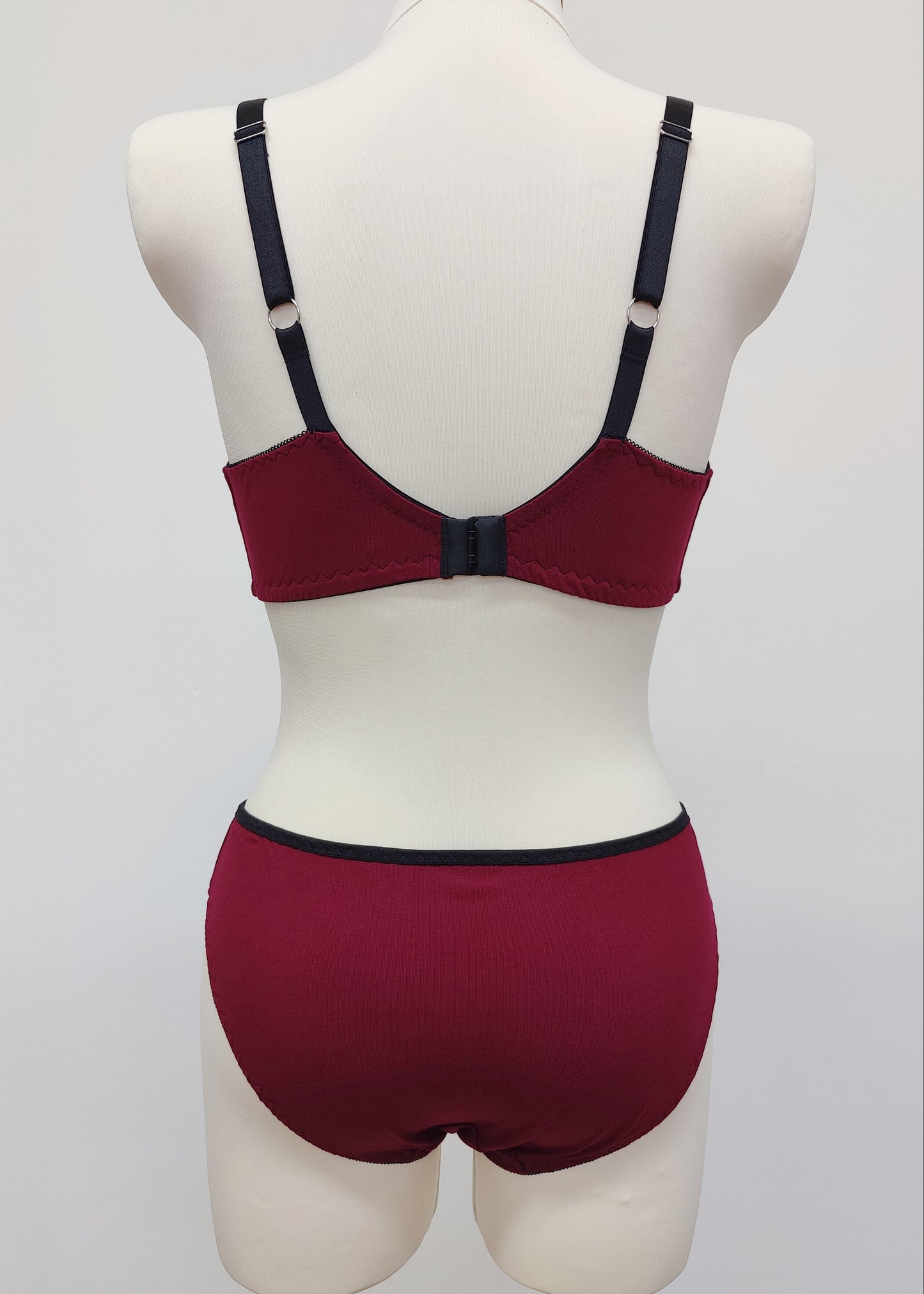 burgundy red cotton Kim panties, with matching Olivia bralette, back view