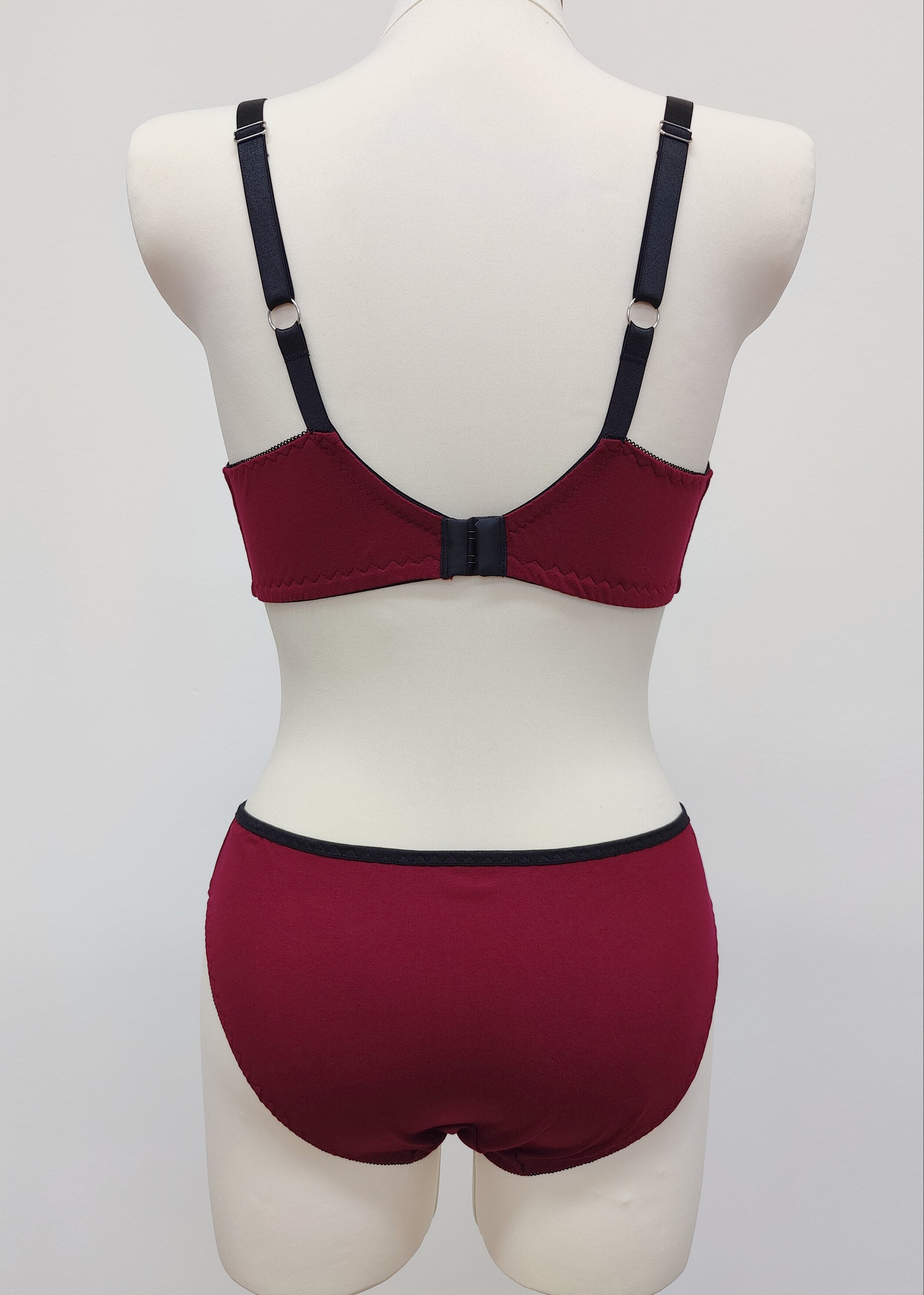 burgundy red cotton Kim panties, with matching Olivia bralette, back view