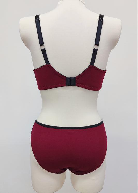 burgundy red cotton Kim panties, with matching Olivia bralette, back view