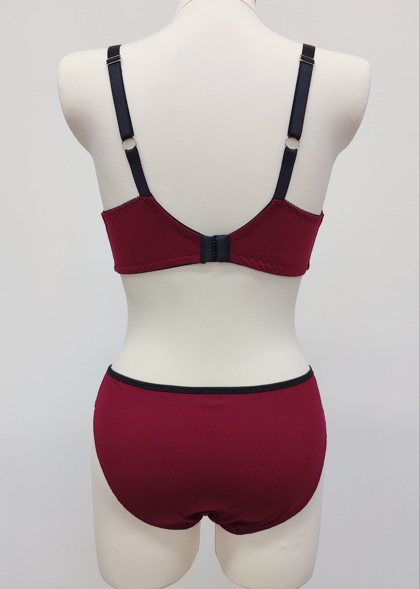 burgundy red cotton bralette Olivia, shown with matching Kim panties, back view
