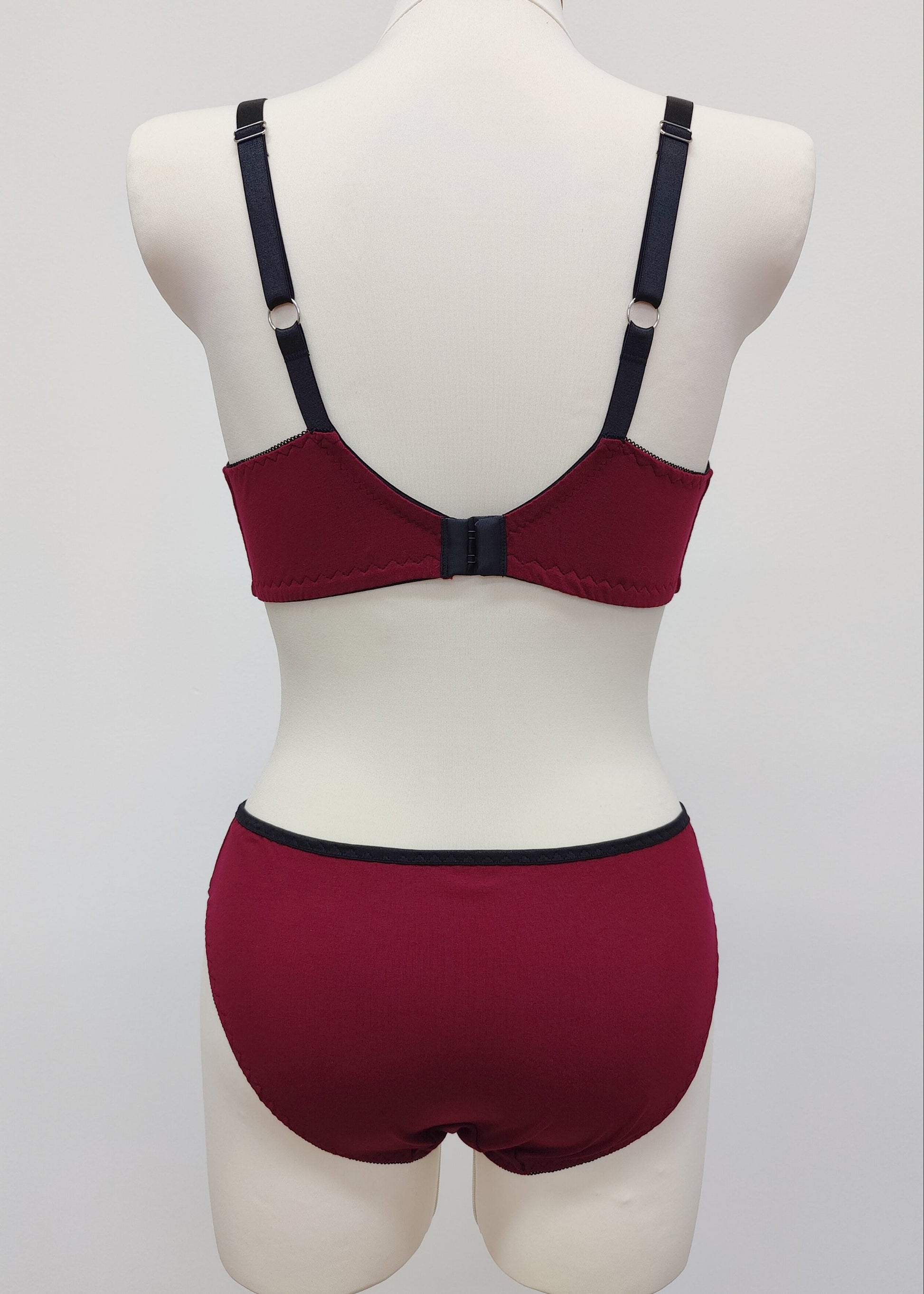 burgundy red cotton bralette Olivia, shown with matching Kim panties, back view