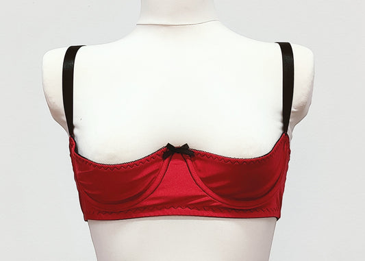 red open quarter cup Gina bra with black straps and trim