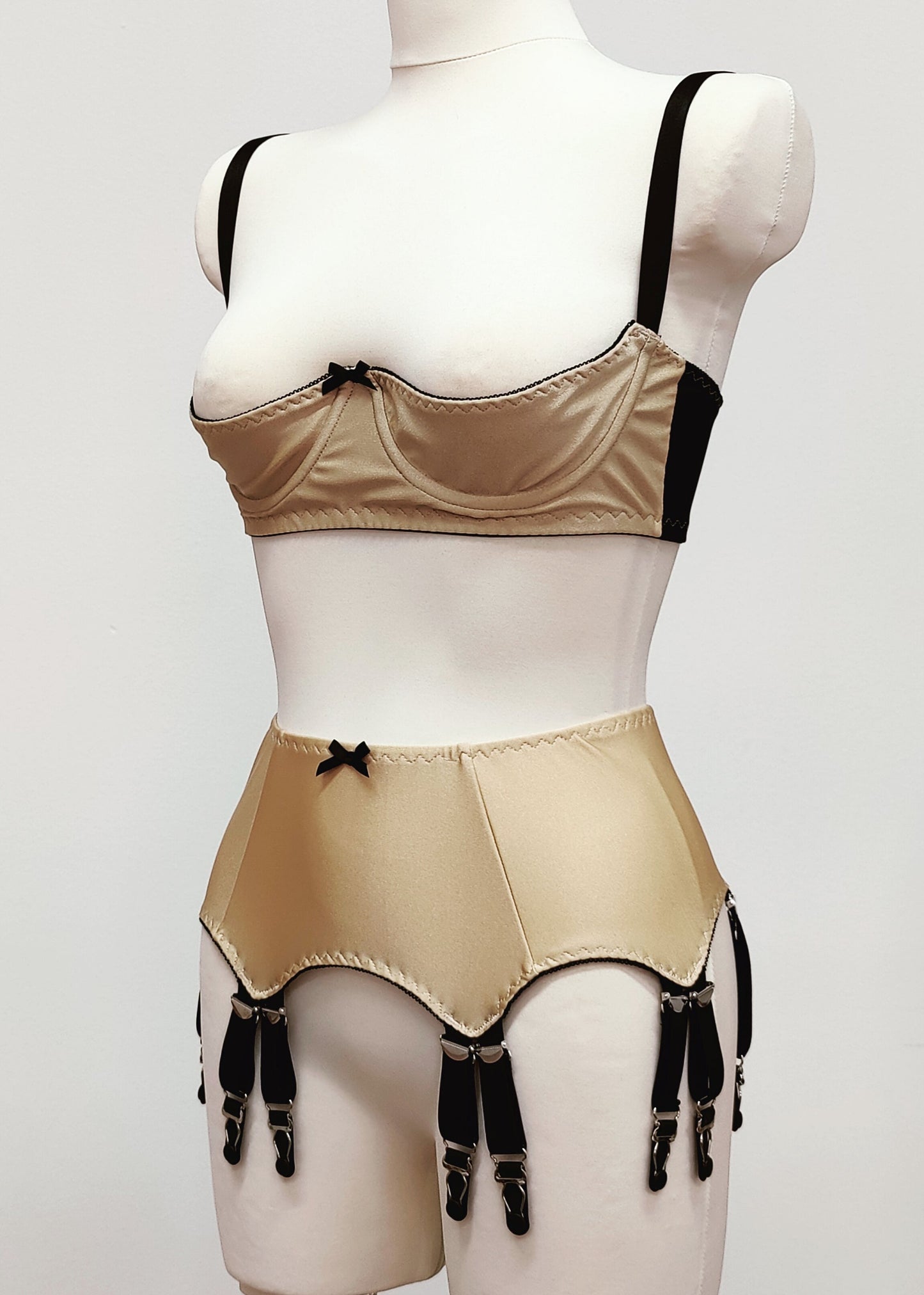 beige open quarter cup Gina bra with 12 strap Joan garter belt