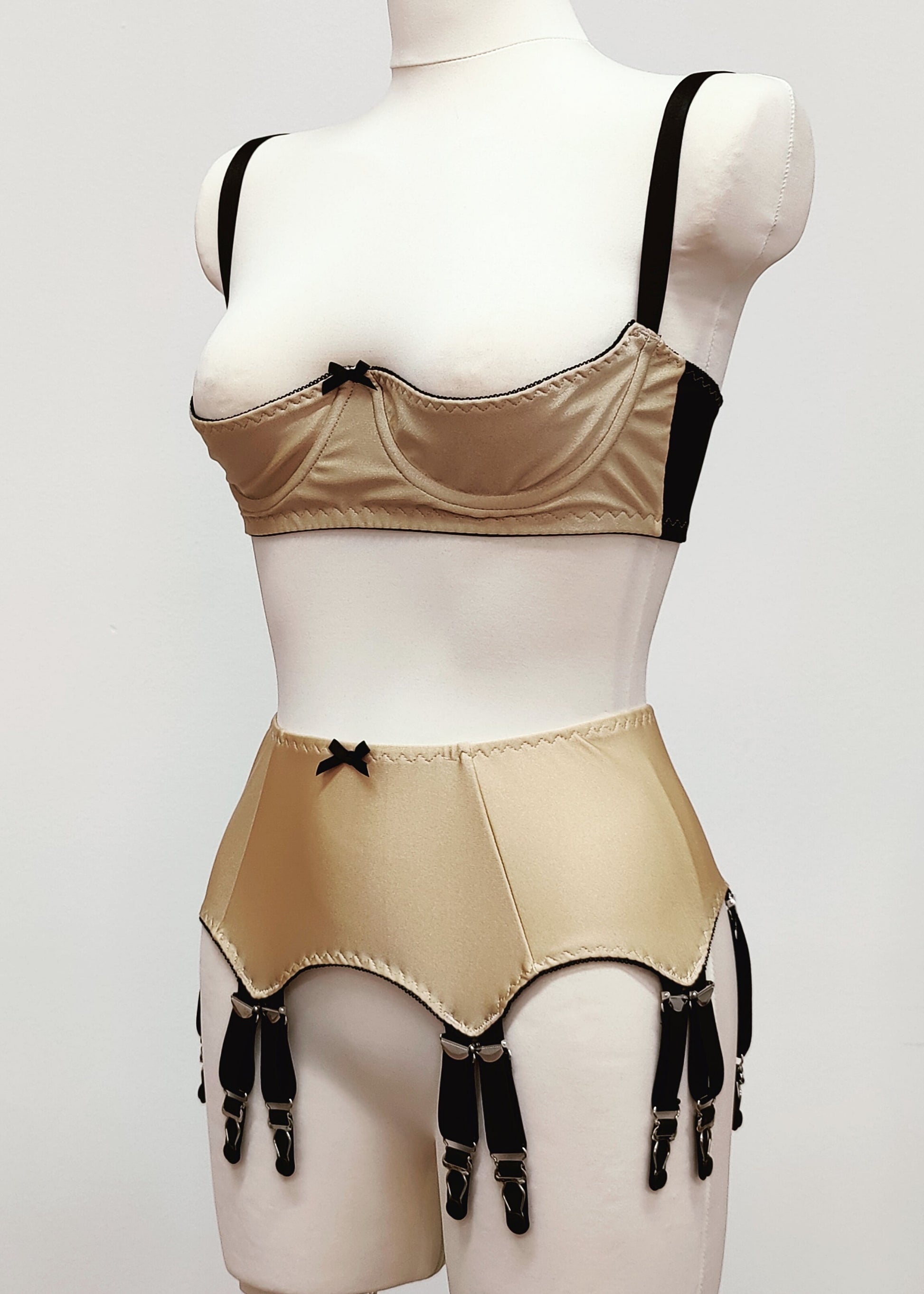 beige open quarter cup Gina bra with 12 strap Joan garter belt