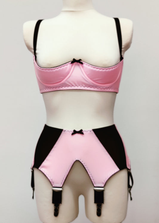 wide, vintage style, Grace garter belt, pink with black mesh panels and 6 extra wide straps, shown with matching Gina quarter cup bra