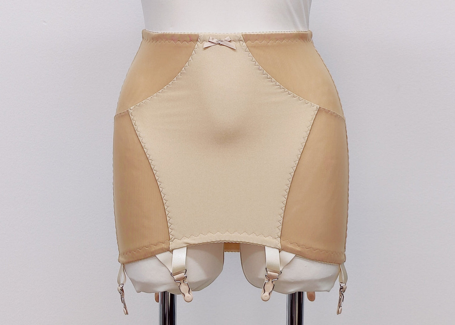 beige Open bottom Glenda girdle made with opaque front and back panels with sheer power mesh side panels. Can be made with 4 or 6 extra wide straps.