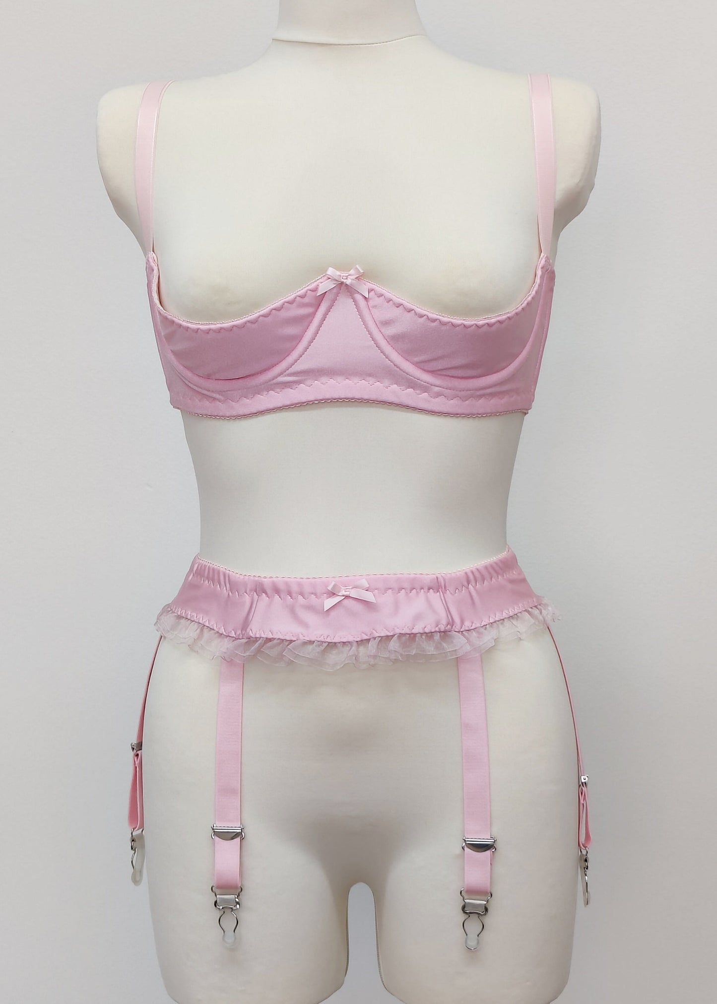 baby pink, narrow garter belt, here shown with open cup Gina bra