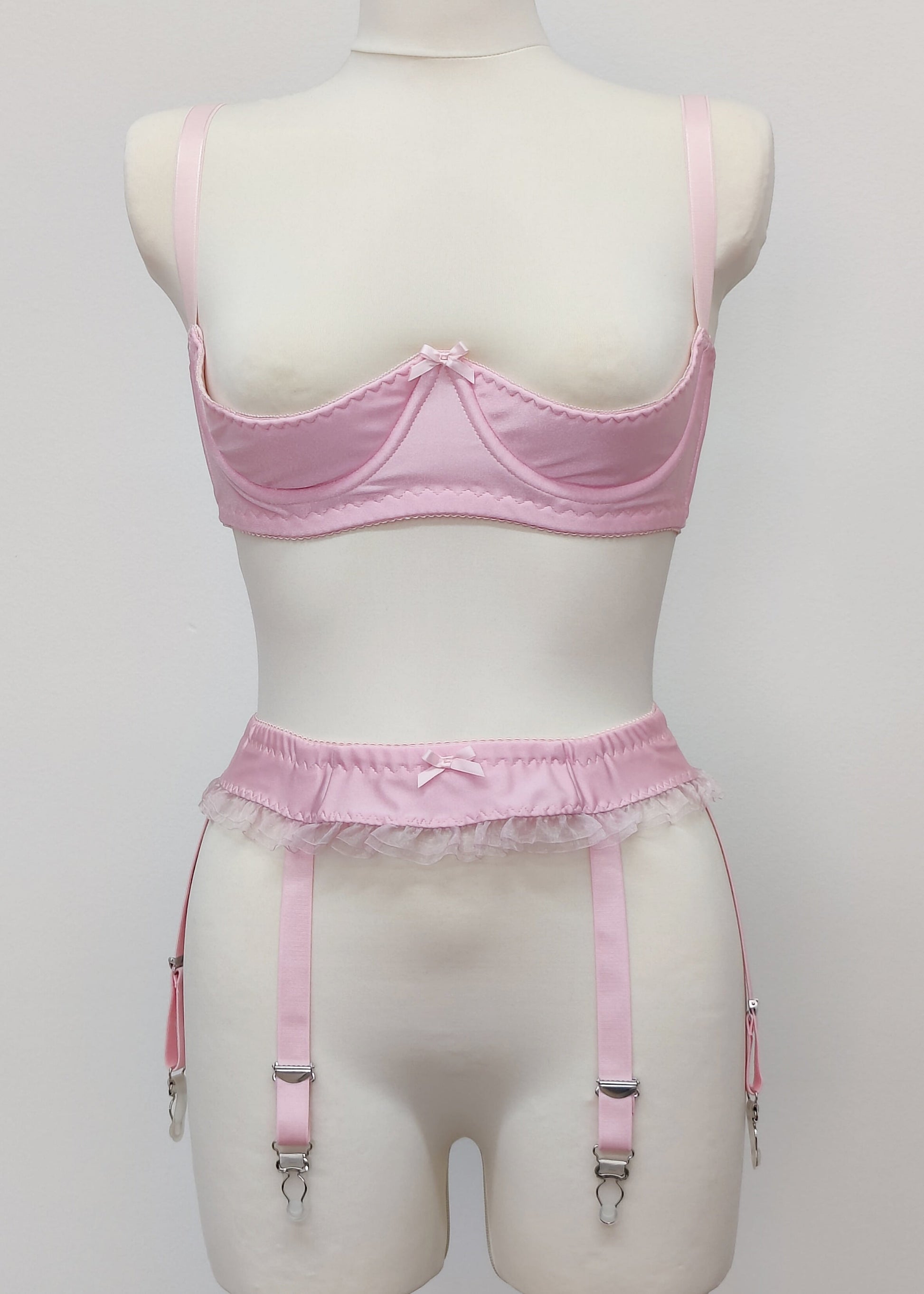 baby pink, narrow garter belt, here shown with open cup Gina bra
