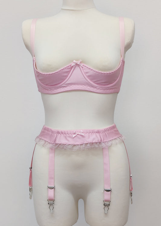 baby pink, narrow garter belt, here shown with open cup Gina bra