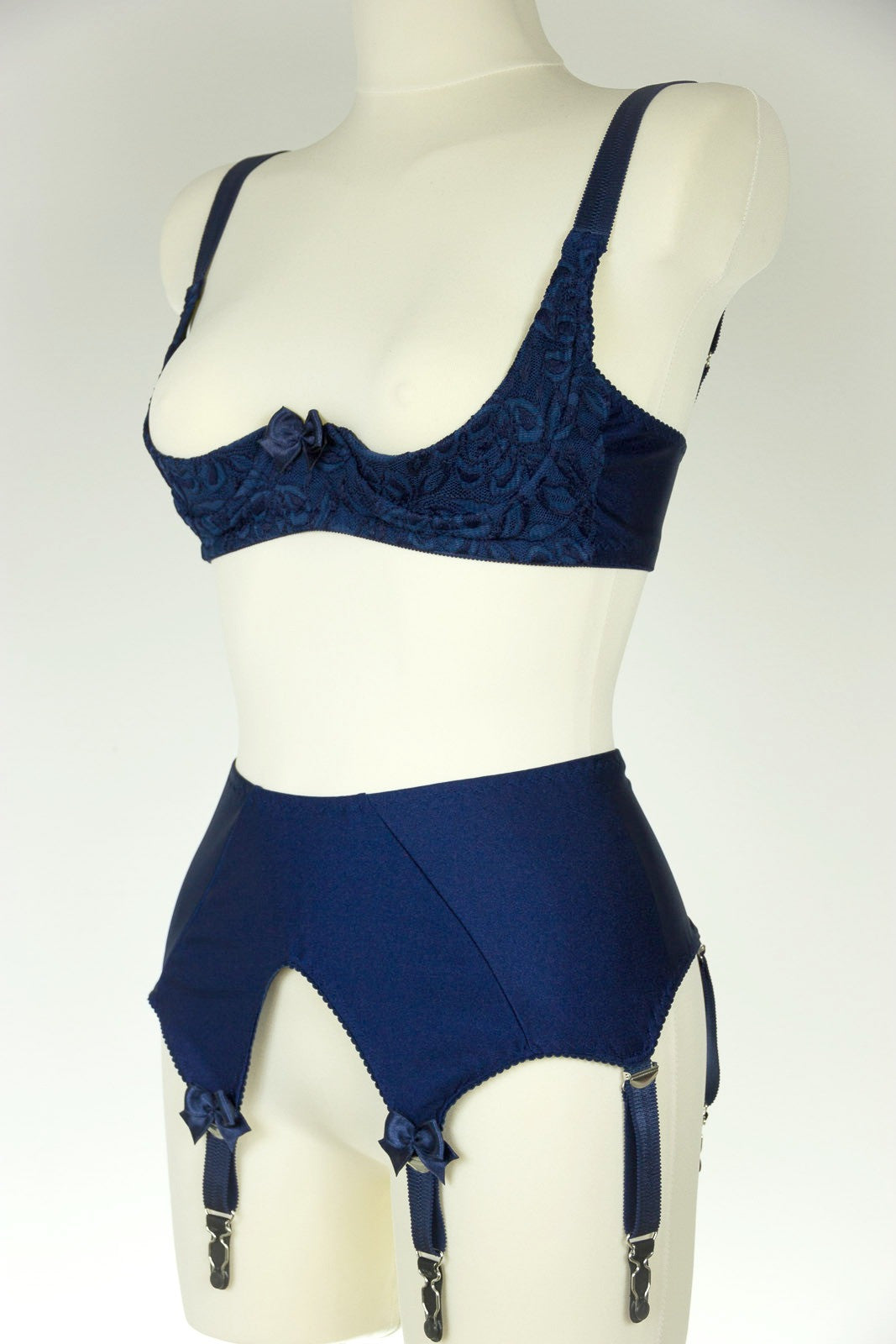 Cobalt blue wide 6 strap garter belt with quarter cup bra