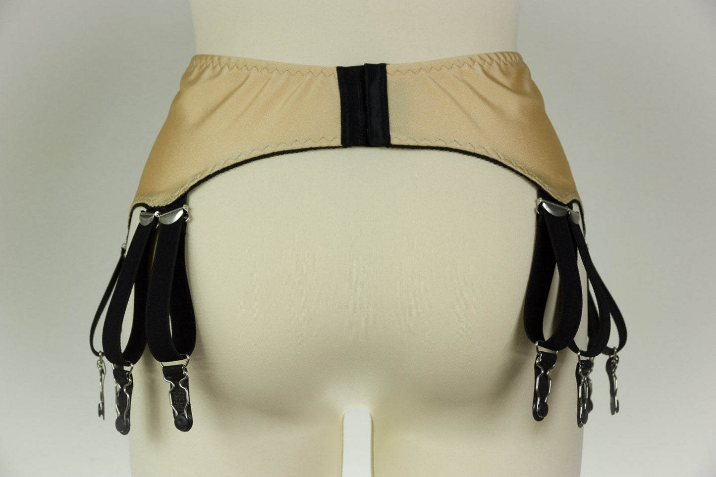beige 12 strap Joan garter belt with black straps