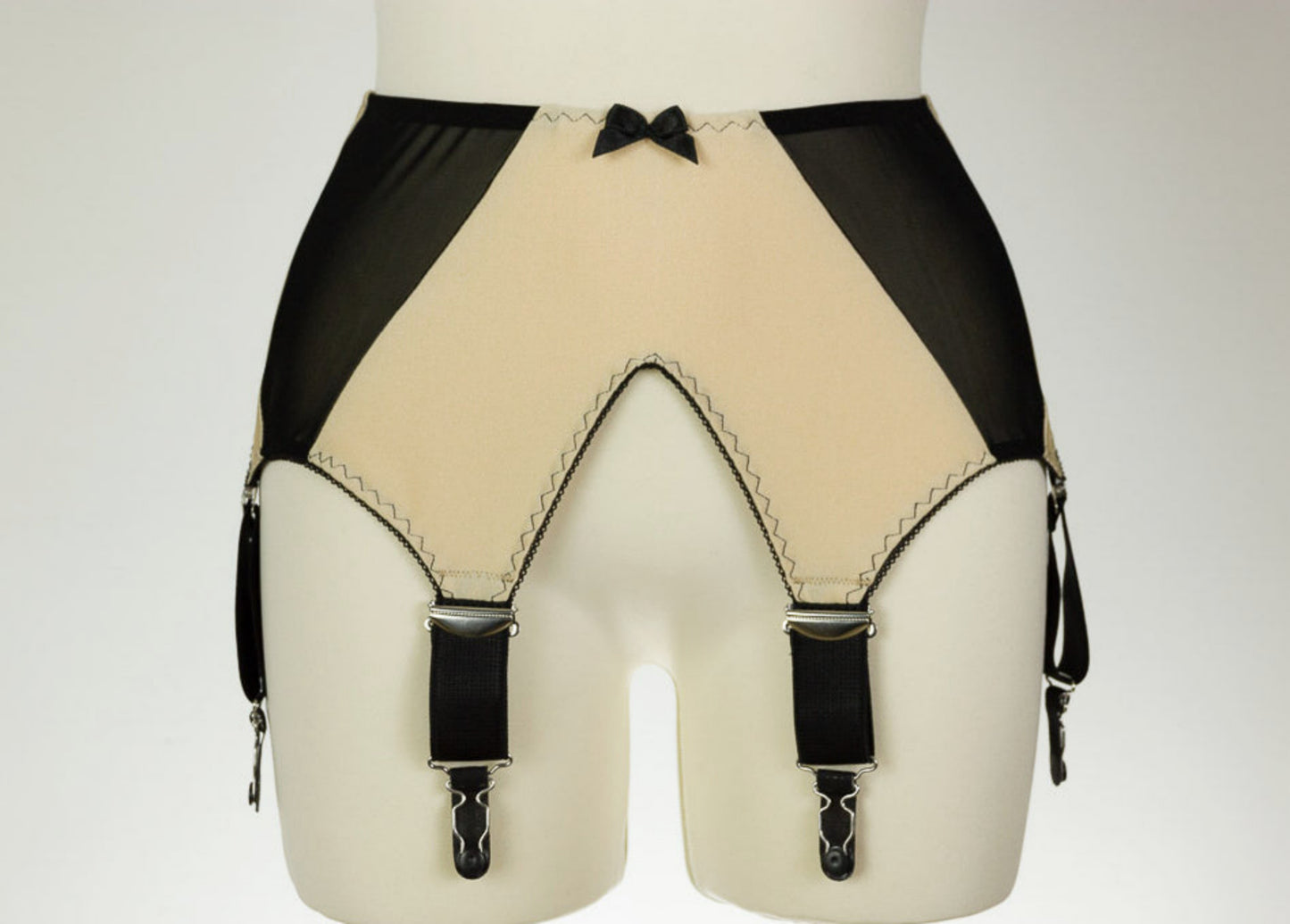 wide, vintage style, Grace garter belt, beige with black mesh panels and 6 extra wide straps