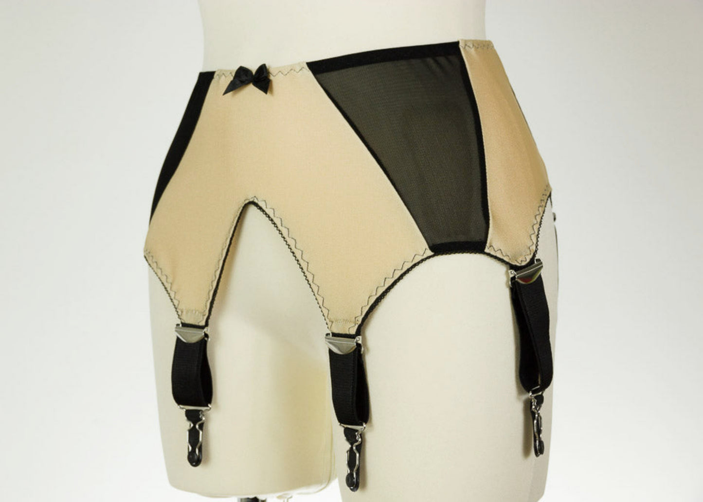 wide, vintage style, Grace garter belt, beige with black mesh panels and 6 extra wide straps, side view